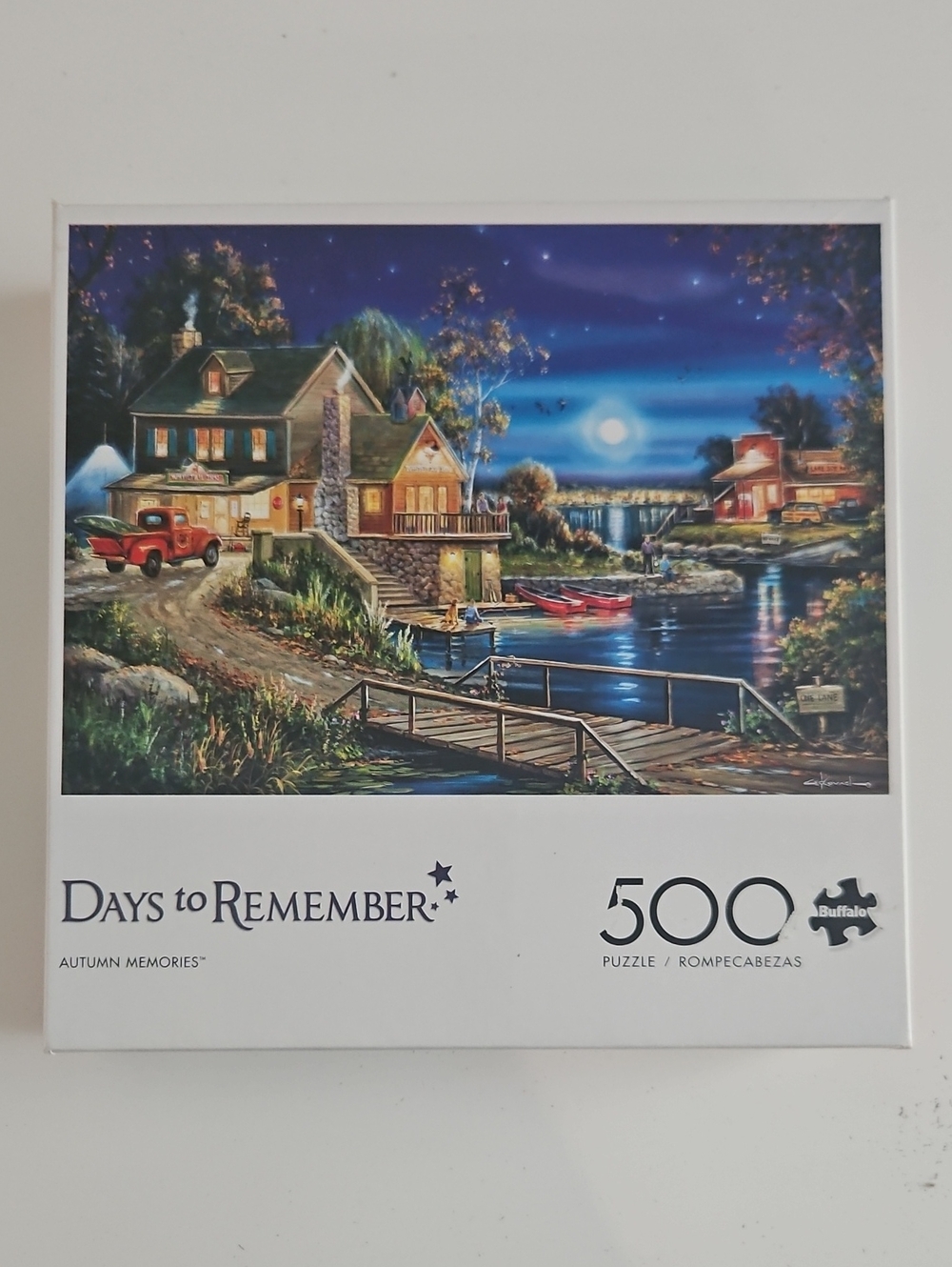 Days to Remember 500-Piece Puzzle - Blue Night Lakeside with Red Truck